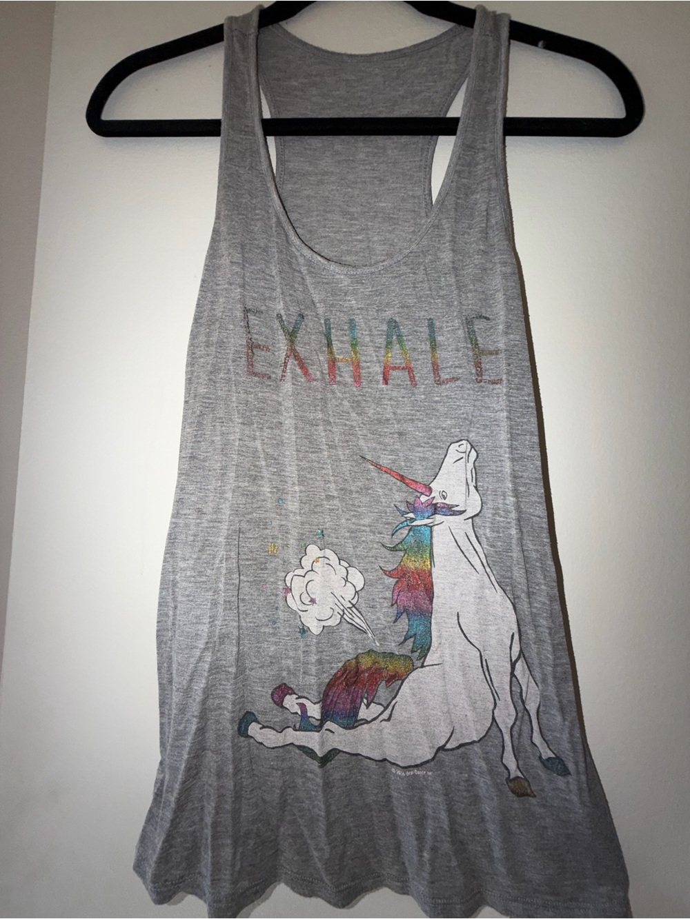 Gray 'Exhale' Unicorn Graphic Racerback Tank - Size Small
